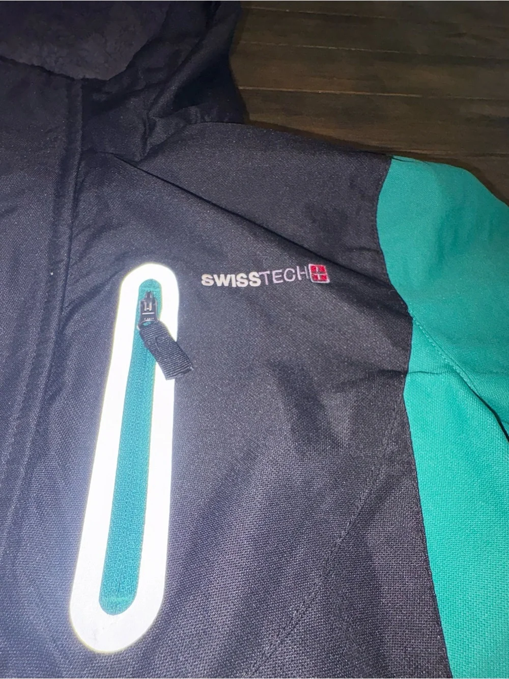 Swiss Tech Kids Hooded Raincoat in Black and Teal